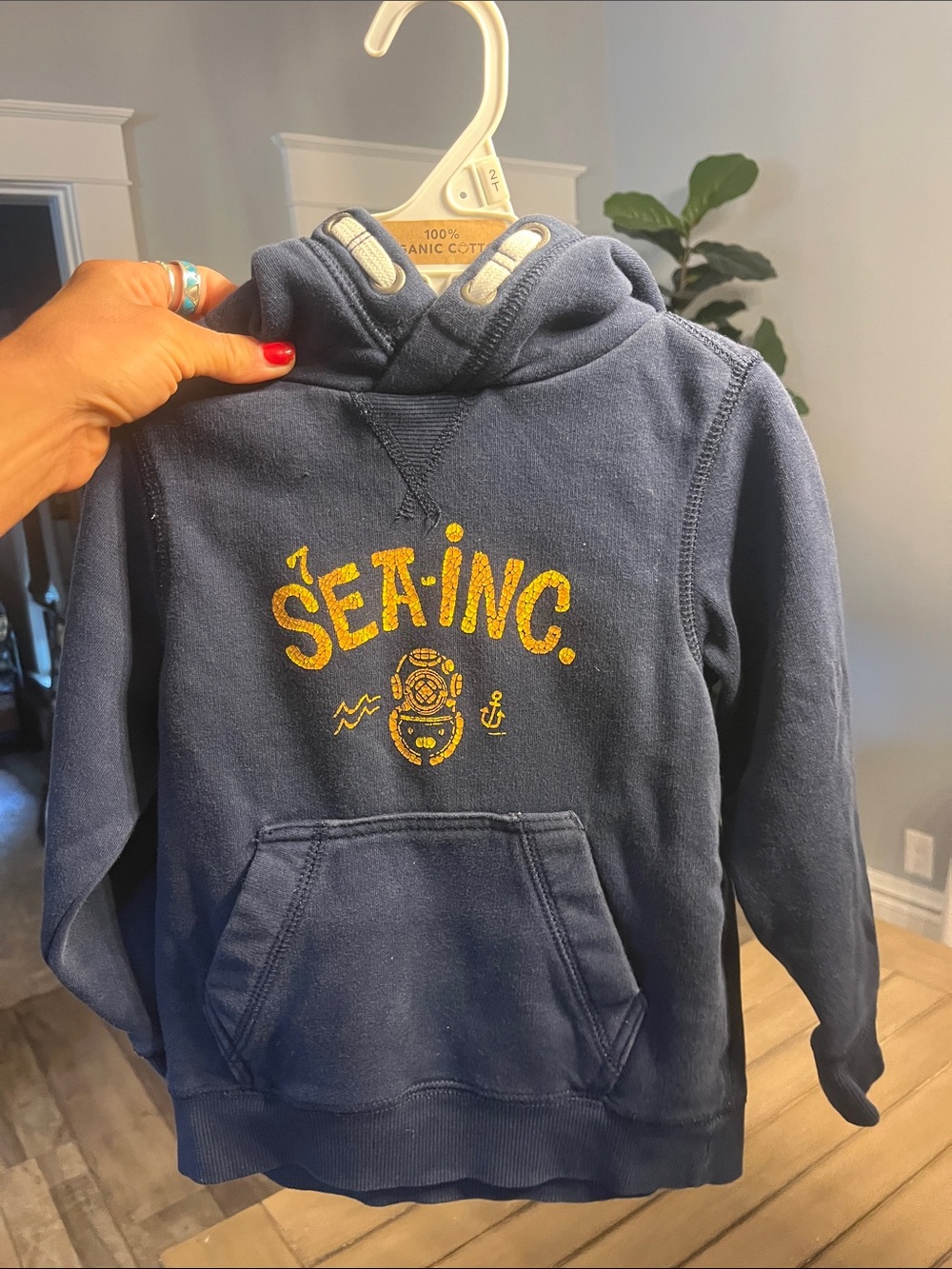 H&M Kids Navy Hooded Pullover Sweatshirt with Yellow Sea-Inc Graphic